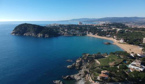 an aerial view of a beach and the ocean at Apartaments Ancora in Palamós