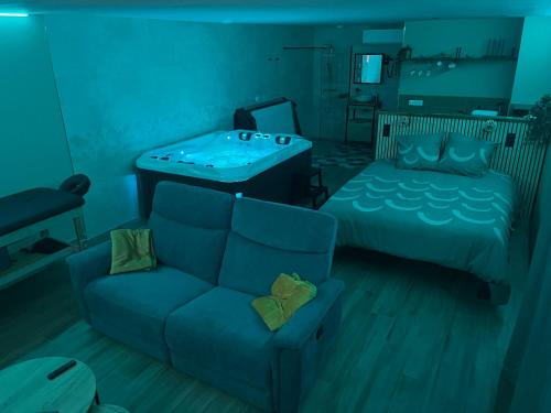 a bedroom with a couch and a bed and a tub at bulles et détente in Seuil