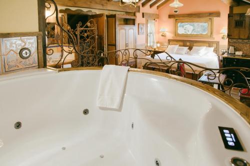 a bath tub in a room with a bedroom at Prada a Tope - Palacio de Canedo in Canedo