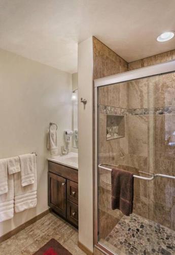 a bathroom with a shower and a sink at 2-Level Swiss Mountain Condo Seven Springs in Champion