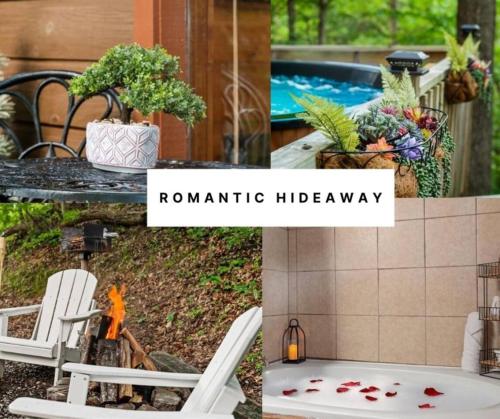 a collage of photos of a backyard with a pool at Hot Tub & WiFi - Romantic Hideaway in Slade
