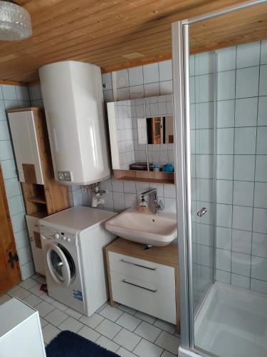 a small bathroom with a washing machine and a sink at Ferienhaus Posthüttl in Virgen