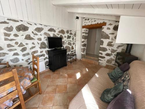 a living room with a fake rock wall at Gîte Les Cadichons de la Grange in Saint-Péray