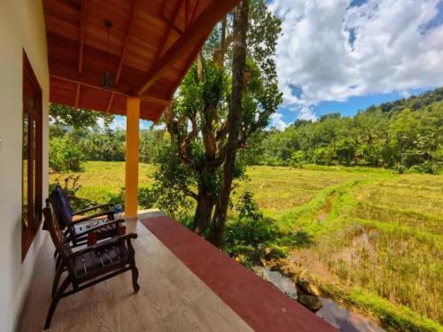 eine Veranda mit einer Bank und Blick auf ein Feld in der Unterkunft Forest & Fields Sinharaja - In The Fields On The Edge in Deniyaya