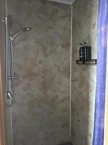 a shower in a bathroom with a stone wall at 3 bedrooms House,77 Slacks Rd in Palmerston North