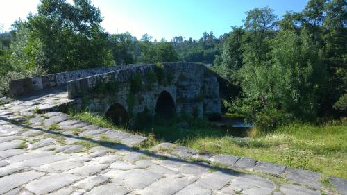 an old stone bridge over a river in a field at Hotel Cemar in Mondariz