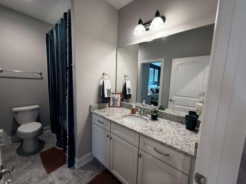 een badkamer met een wastafel, een toilet en een spiegel bij War Eagle Landing a 4BR and 3BA Family-Friendly Auburn Retreat in Auburn