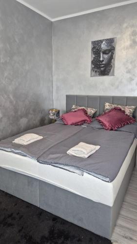 a bedroom with a large bed with red pillows at Moderní apartmán v blízkosti centra,Wifi,Netflix in Hradec Králové