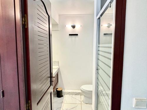 un bagno con wc e porta a vetri di Studio bohème a La Trinité