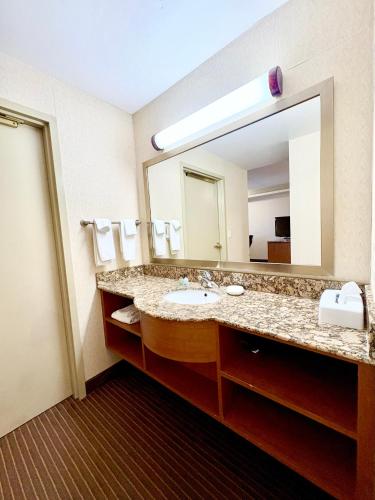 a bathroom with a sink and a large mirror at Waterloo Suites Hotel, Trademark Collection by Wyndham in Waterloo