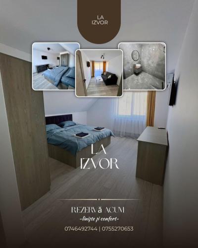 een collage van drie foto's van een kamer met een slaapkamer bij La Izvor Moinești, Cazare in Moineşti