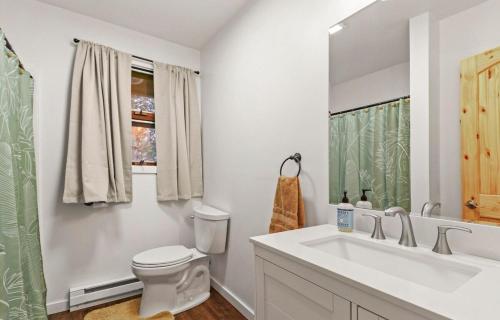 a white bathroom with a toilet and a sink at Cozy Poconos Cabin in Blakeslee