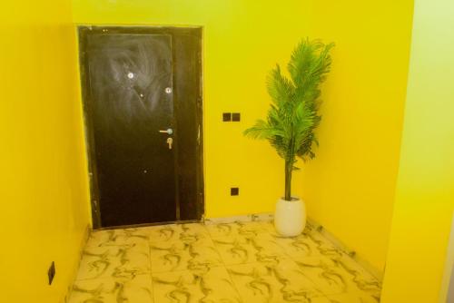 Ein gelbes Zimmer mit einer Pflanze in einer Vase neben einer Tür in der Unterkunft Gods Heritage Apartments and properties nig ltd 