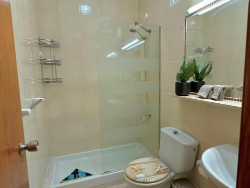 a bathroom with a shower and a toilet and a sink at Oasis Lemon in Maspalomas