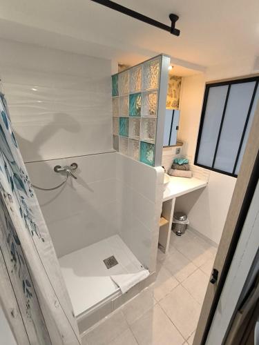 une salle de bain blanche avec douche et lavabo dans l'établissement agréable studio, à Narbonne
