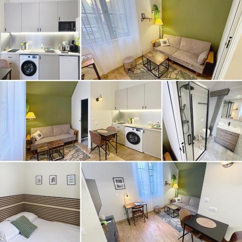 a collage of photos of a living room and a kitchen at Le Trinity tout confort avec parking privé au centre ville in Vendôme