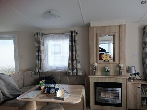 a living room with a couch and a fireplace at Home from home Kingfisher caravan park in Skegness