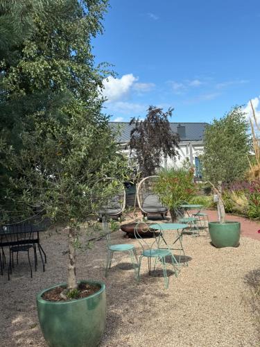 a group of chairs and a tree in a yard at Villa Botanica in Odargowo