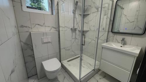 ein Badezimmer mit Dusche, Toilette und Waschbecken in der Unterkunft Sunny Beach in Saulkrasti