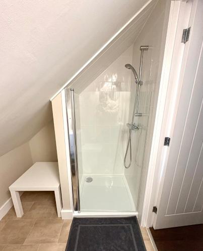 a bathroom with a shower in the attic at The Whitehouse in Pontypridd