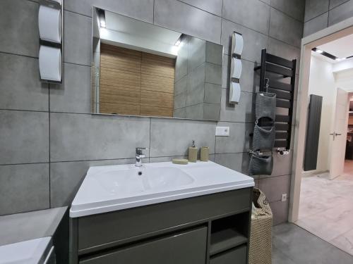 a bathroom with a sink and a mirror at Diplomat Lev Tolstoi 74 street Apartments in Chişinău