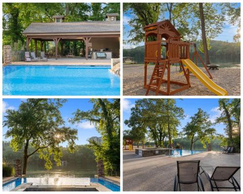 4 fotos diferentes de una piscina y un parque infantil en Taneycomo Retreat - Lakefront Condo, en Branson