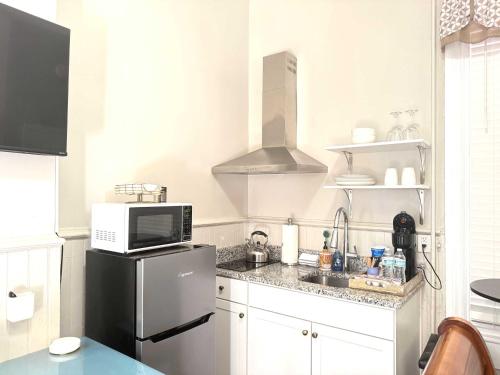 a kitchen with a refrigerator and a microwave at Cozy nest private porch museums free parking in Richmond