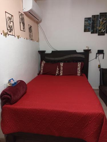 ein Schlafzimmer mit einem roten Bett und einer roten Decke in der Unterkunft Casa Chero in Comalcalco