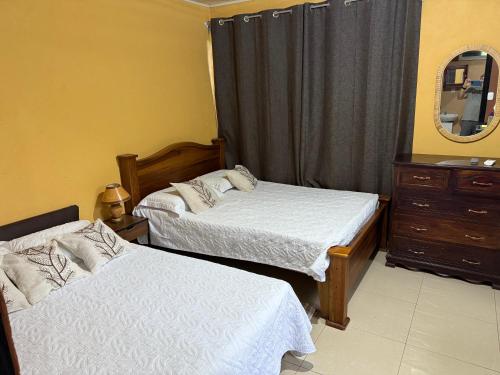 a bedroom with two beds and a dresser and a mirror at Cabaña del Lago in Marsella