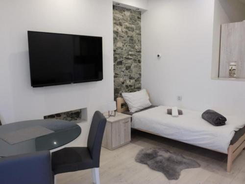 a room with a bed and a table and a tv at Apartments Ro Ma A1 in Novo Selo Požeško