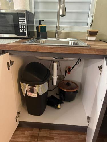 a kitchen counter with a sink and a trash can at Colombiano boricua in Quebradillas