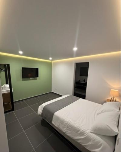 a bedroom with a bed and a flat screen tv at Casa Nalya in Kourou