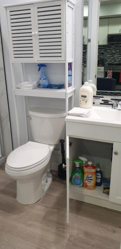 a bathroom with a white toilet and a sink at Executive 1Bedroom Suite By Henday in Edmonton