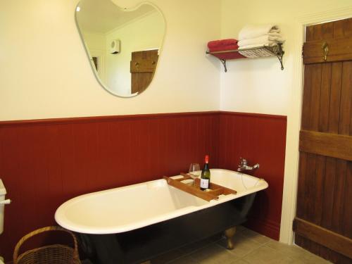 a bath tub in a bathroom with a mirror at Villa in the Vines in Martinborough 