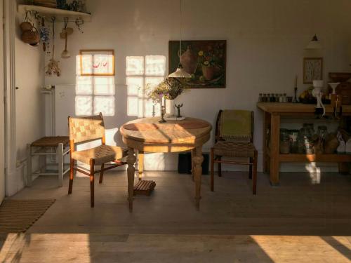 Historic Manor House At Gelskov Estate في Sandholts-Lyndelse: غرفة معيشة مع طاولة وكراسي خشبية