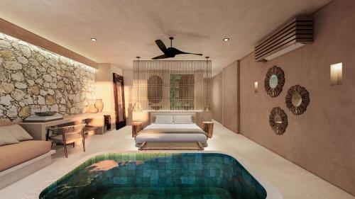 Giường trong phòng chung tại Luxury Villas By Awa Holbox - Beachfront