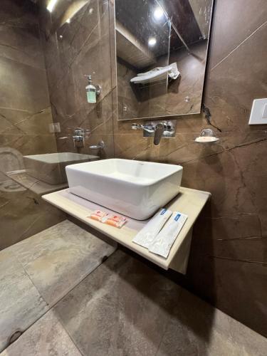 シムラーにあるVictory Hotel and Restaurant by GS Hospitalityの洗面台と鏡のあるバスルーム