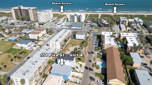an aerial view of a city with buildings and the beach at 200 Steps to Beach Private Pool 2 Big Levels apts in South Padre Island