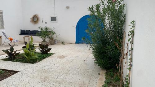 a courtyard with plants and a blue door at Petite maison typique à 2 pas de la mer in Sousse