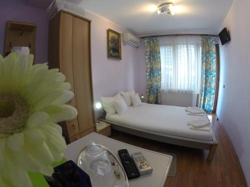 a small hotel room with a bed and a table at Pensiunea Silvia in Baile Felix