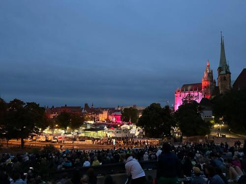 エアフルトにあるKrämernestの夜の公園に立つ人々の群れ