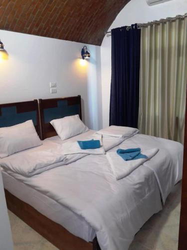 a bedroom with two beds with blue pillows on them at Nubian Spirit in Aswân Reservoir Colony