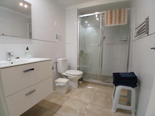 a bathroom with a shower and a toilet and a sink at Departamento Barcaro 2 in Puerto del Carmen