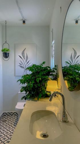 a bathroom with a sink with a mirror and plants at Nivara Stays Kukatpally - A boutique Hotel Brand in Hyderabad