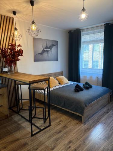ein Schlafzimmer mit einem Bett, einem Schreibtisch und einem Tisch in der Unterkunft Apartament Kozigród in Tczew