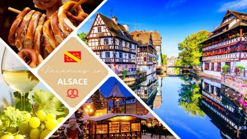 een collage van foto's van een stad en een rivier bij Gîte Les Acacias in Colmar