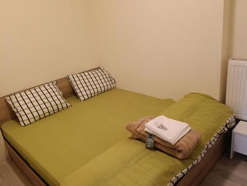 ein kleines Schlafzimmer mit einem grünen Bett mit zwei Kissen in der Unterkunft Spital 1 cameră living in Târgu Mureș
