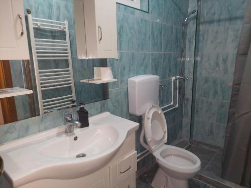 a bathroom with a sink and a toilet and a shower at Apartmani Sumatra in Srebrenica