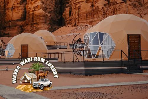 a rendering of a desert camp with a car parked in front at Valera wadi rum Luxury in Wadi Rum