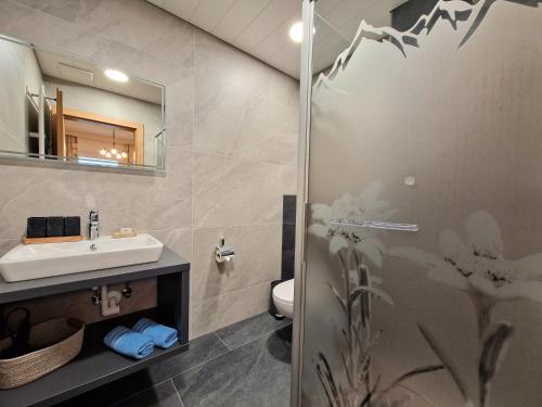 a bathroom with a shower and a sink at Haus Daheim in Sankt Leonhard im Pitztal